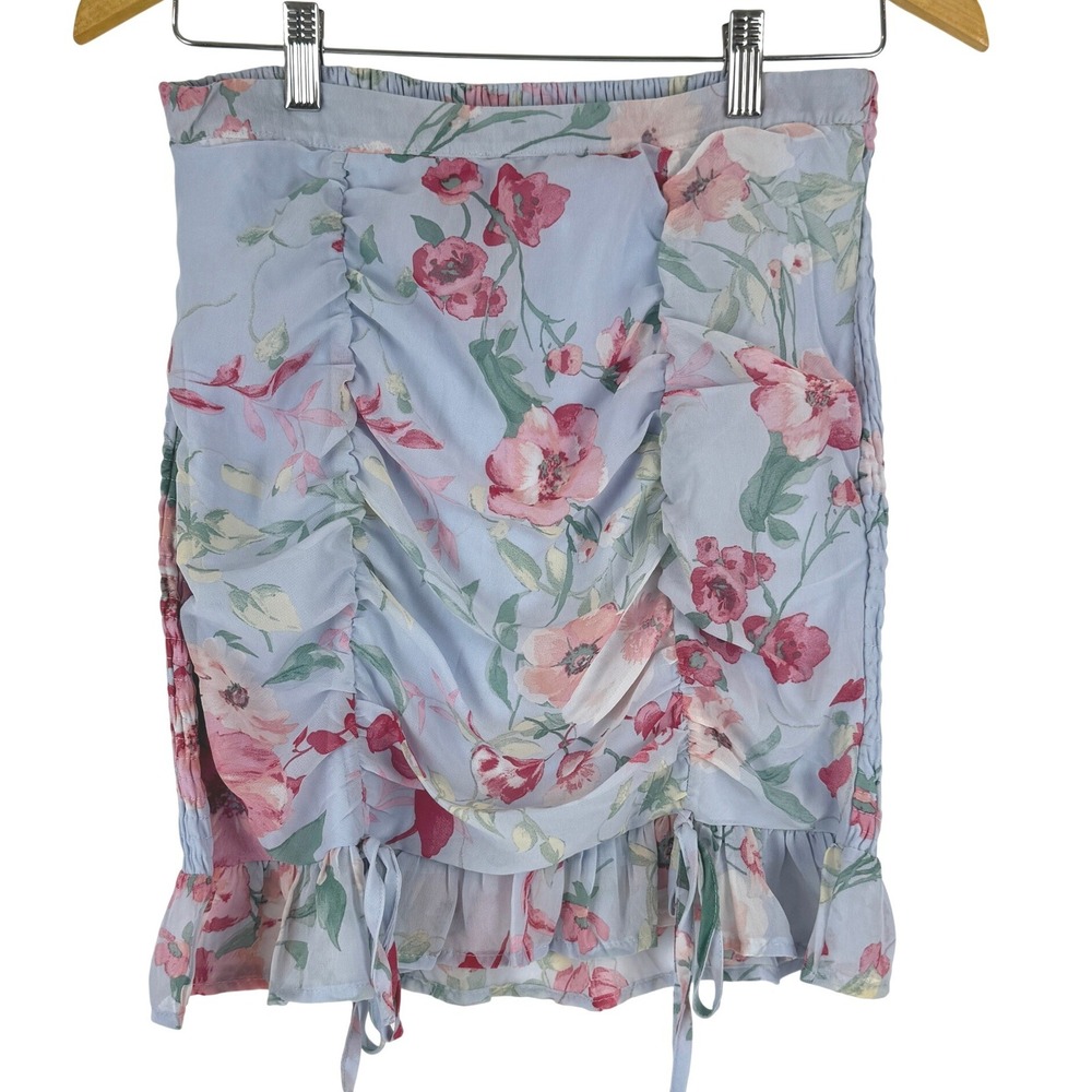 Story‎ On Womens Blue Floral Smocked Ruched Ruffle Hem Skirt S Cottagecore